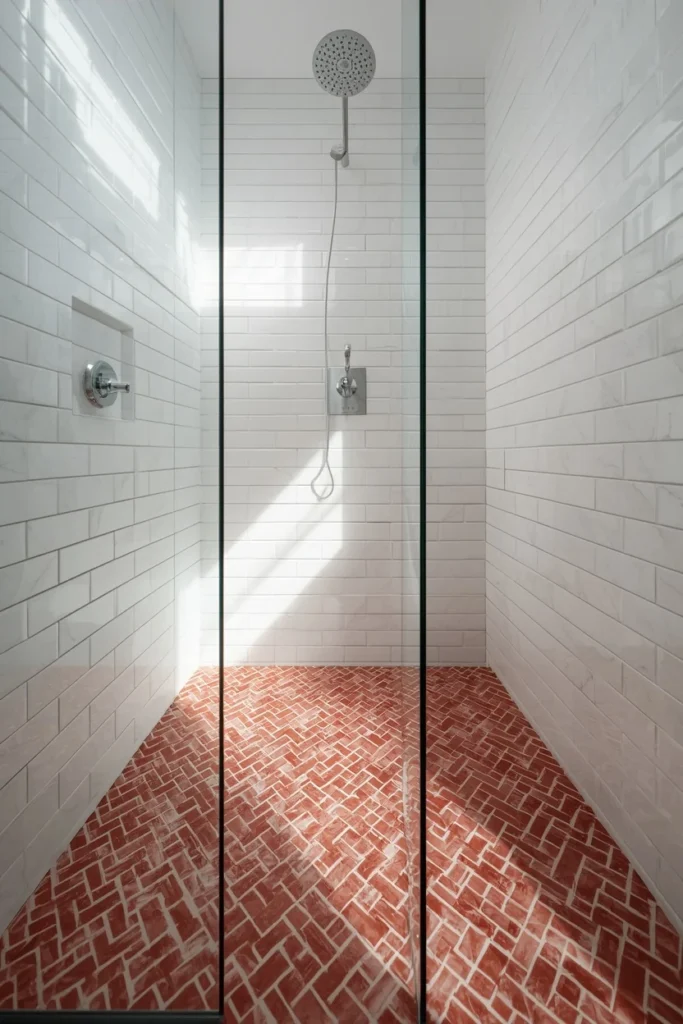 17 Red Marble Bathroom Ideas That Scream Luxury From Every Angle 10 walk-in shower, featuring a red marble herringbone mosaic tile floor