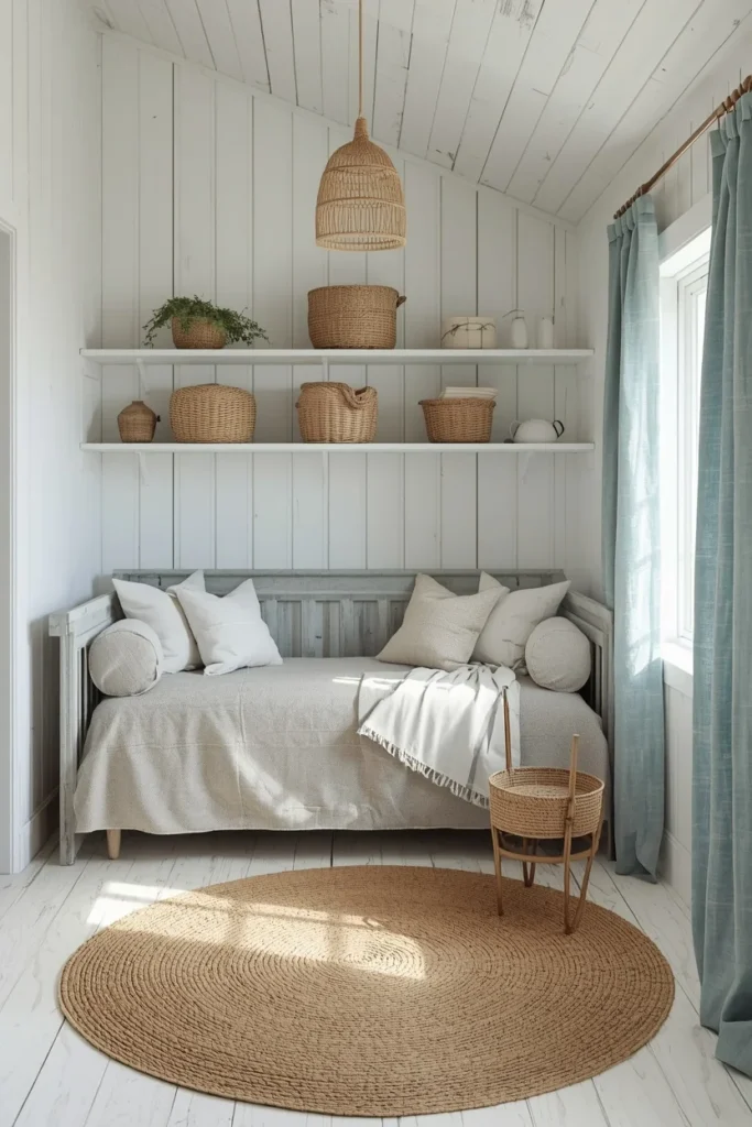 25 She Shed Interior Ideas That Create the Ultimate Personal Retreat 10 coastal cottage she shed interior, featuring whitewashed wood wall paneling