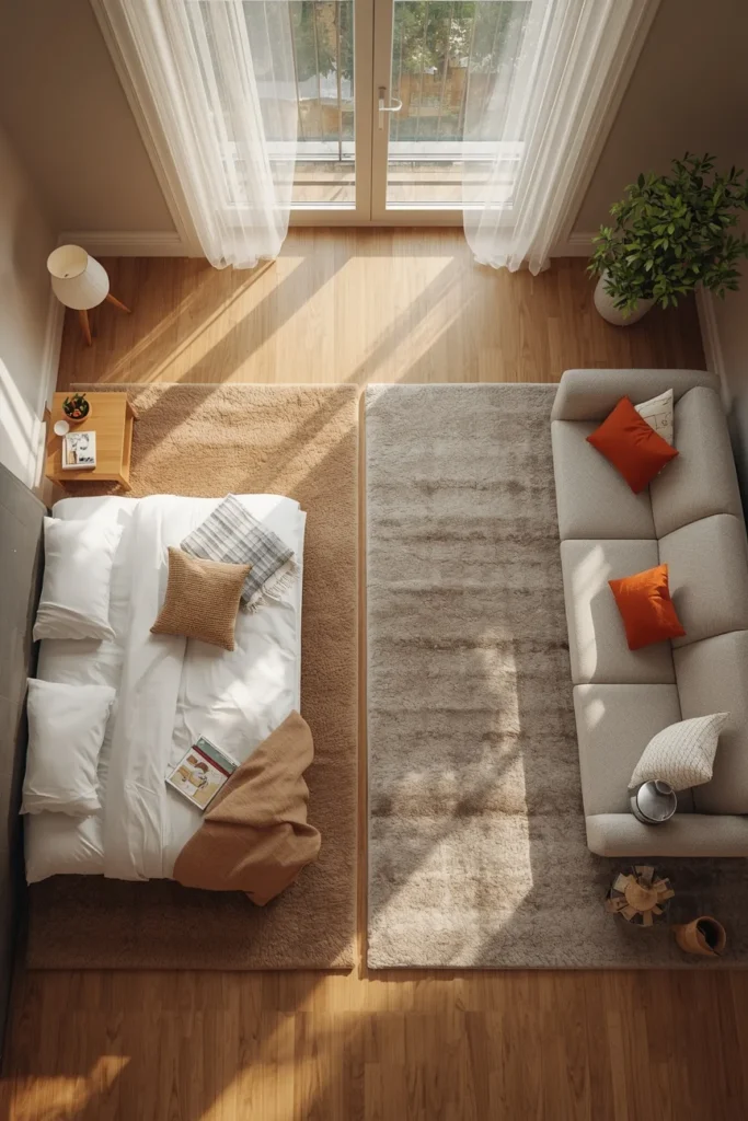 20 Studio Apartment Ideas That Make One Room Feel Like a Whole Beautiful Home 10 studio apartment, featuring two distinct area rugs