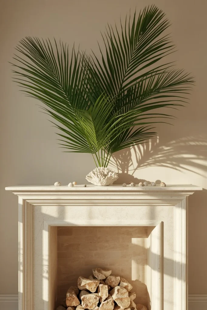 20 Summer Mantel Ideas That Bring Breezy Seasonal Charm Into Your Home 10 fireplace mantel, featuring large tropical palm fronds