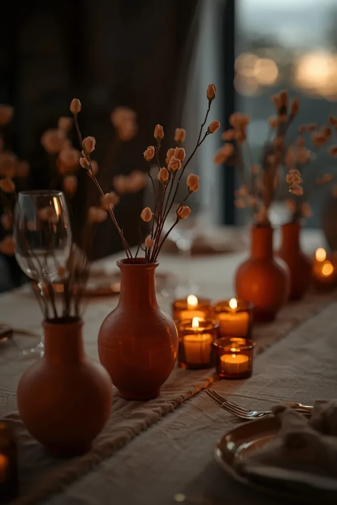 24 Summer Tablescape Ideas That Are Fresh, Colorful & Totally Stunning 10 evening dinner table featuring terracotta bud vases