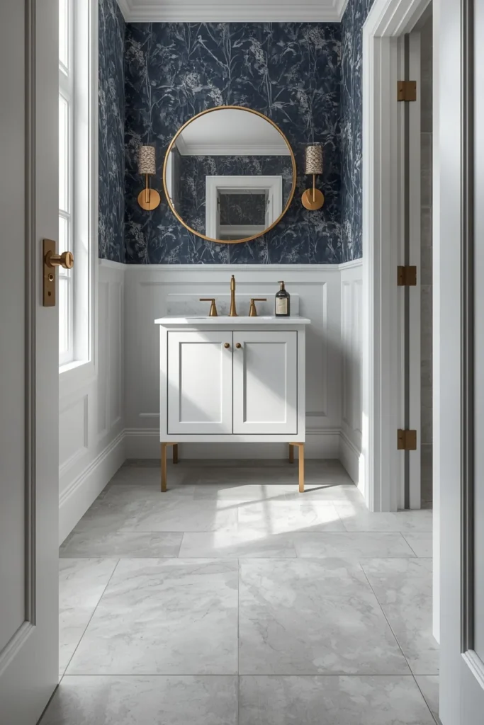 24 Tiny Powder Room Ideas That Make the Biggest Impression 10 small powder room, featuring large-format light gray floor tile