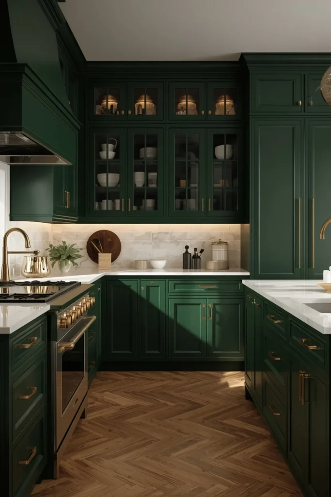 23 Two-Tone Kitchen Cabinet Combos That Look Insanely Expensive 10 kitchen, featuring deep forest green cabinetry with white marble countertops,